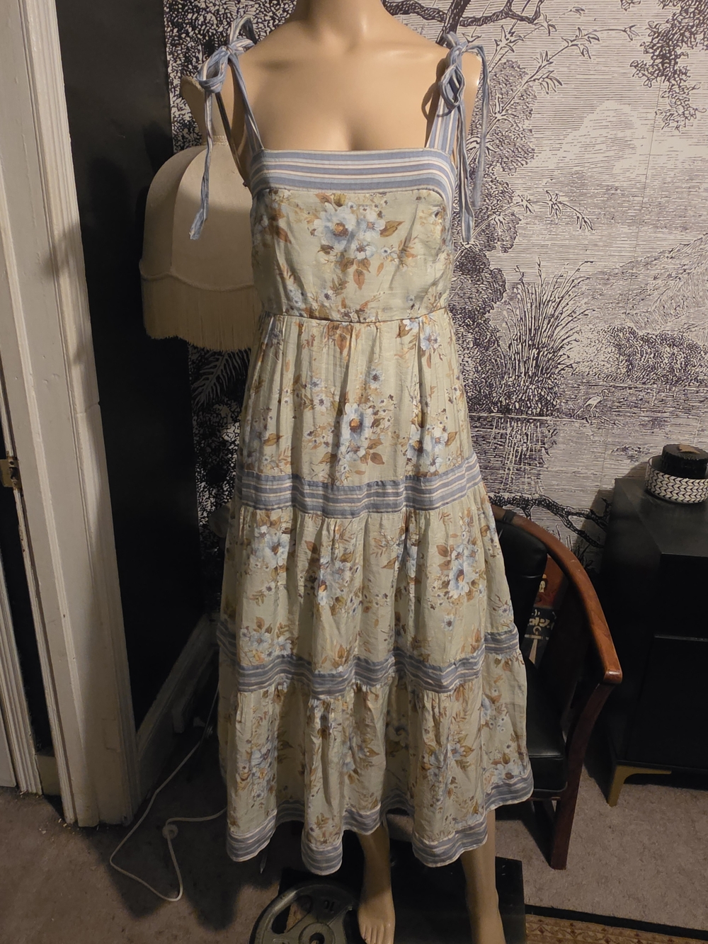 Sweet Wanderer Floral Stripe Tiered Cottagecore Tie Strap Maxi Dress Size S